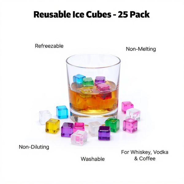Reusable Ice Cubes – 25 Pack Colorful Refreezable Ice Cubes for Drinks